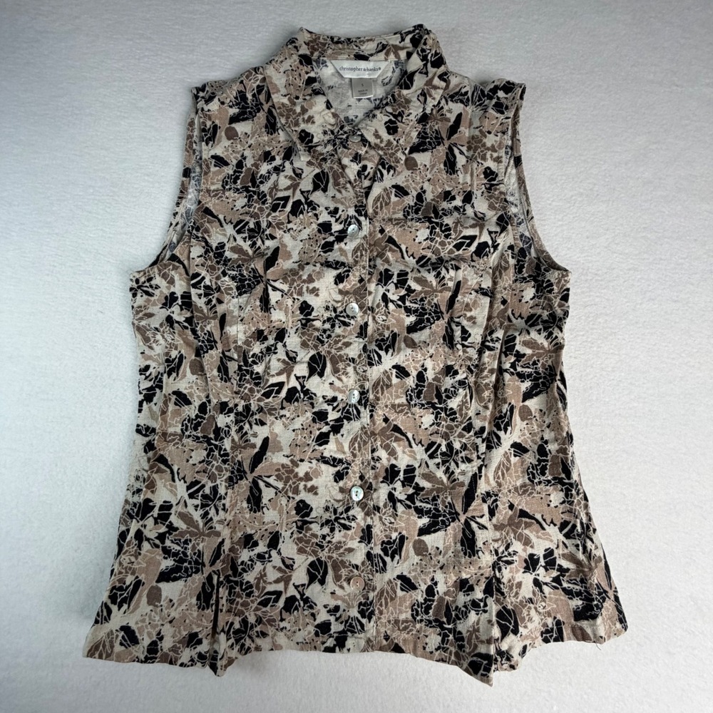Christopher & Banks Womens Small Linen Blend Sleeveless Floral‎ Button Down Top
